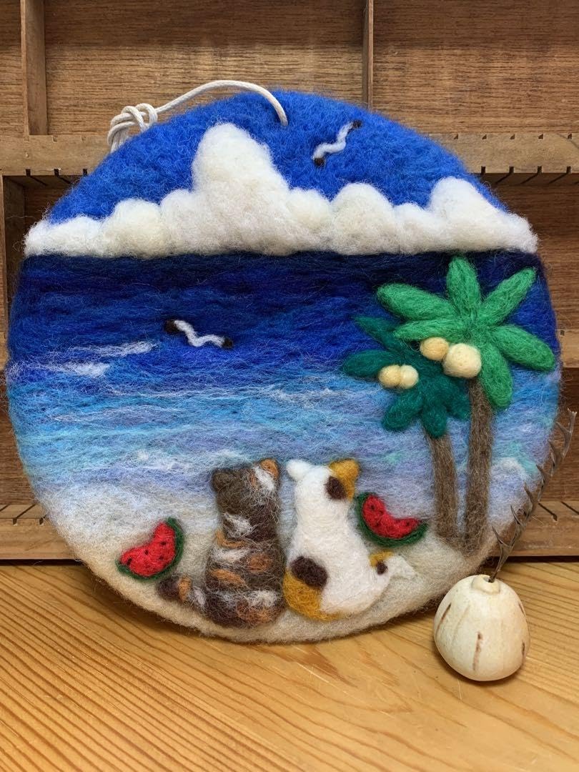 Amazon.co.jp: 猫と海 タペストリー 風景 羊毛フェルト ハンドメイド